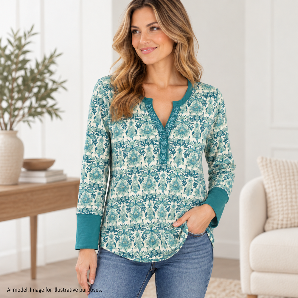 Sundance Top Shirt Womens Large Blue Floral Thermal Henley Embroidered Trim